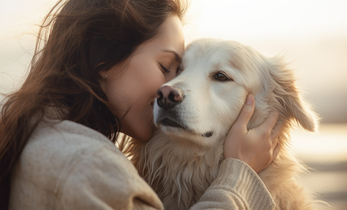 femme qui câline et embrasse son chien