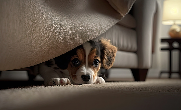 chiot qui a peur de l'orage et se cache